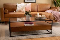 AXEL walnut veneer storage coffee table with tempered glass top 120 cm