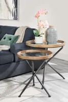 KAY set of 2 fir wood nesting tables with tempered glass tops