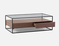 AXEL walnut veneer storage coffee table with tempered glass top 120 cm
