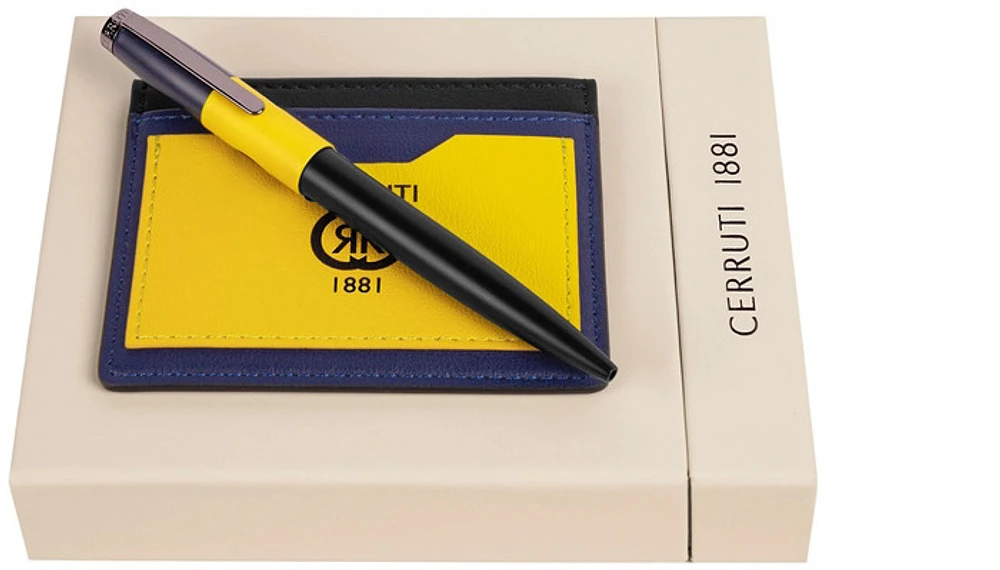 Ensemble Stylo bille & Porte-cartes Cerruti 1881, série Brick Noir, jaune & marine