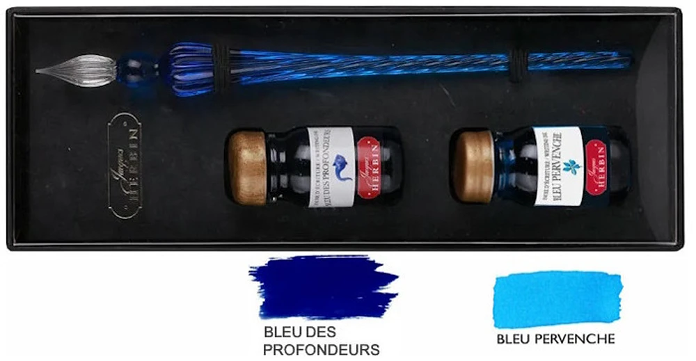 Ensemble stylo plume de verre & bouteilles d'encre Jacques Herbin Outremer