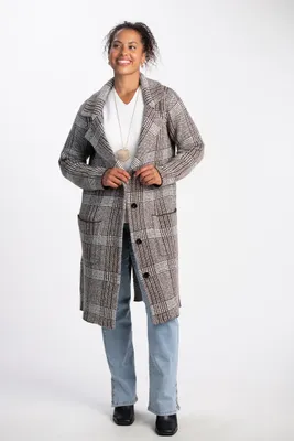 Long Plaid Button-Up Coat