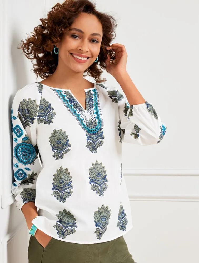 Embroidered Poplin Top - Scattered Butterfly