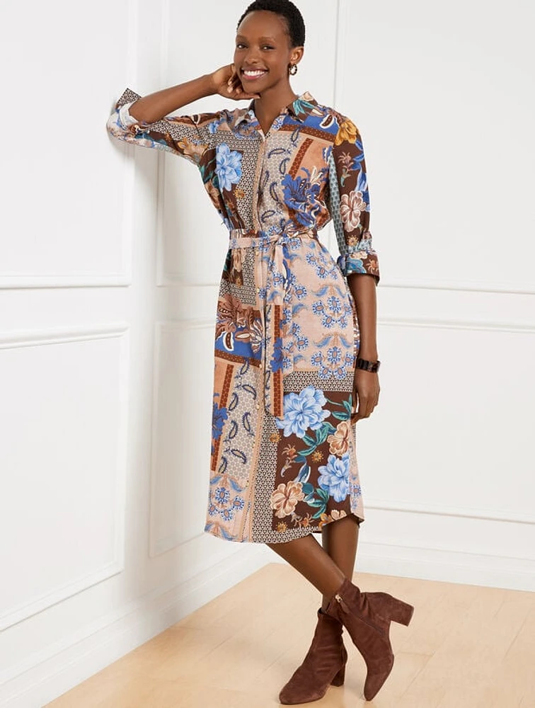 Tie Waist Shirtdress - Floral Geo Patchwork