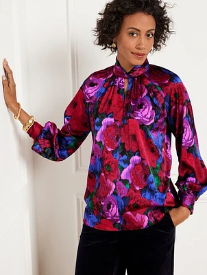 Twist Neck Soft Satin Charmeuse Top - Wrapped Floral