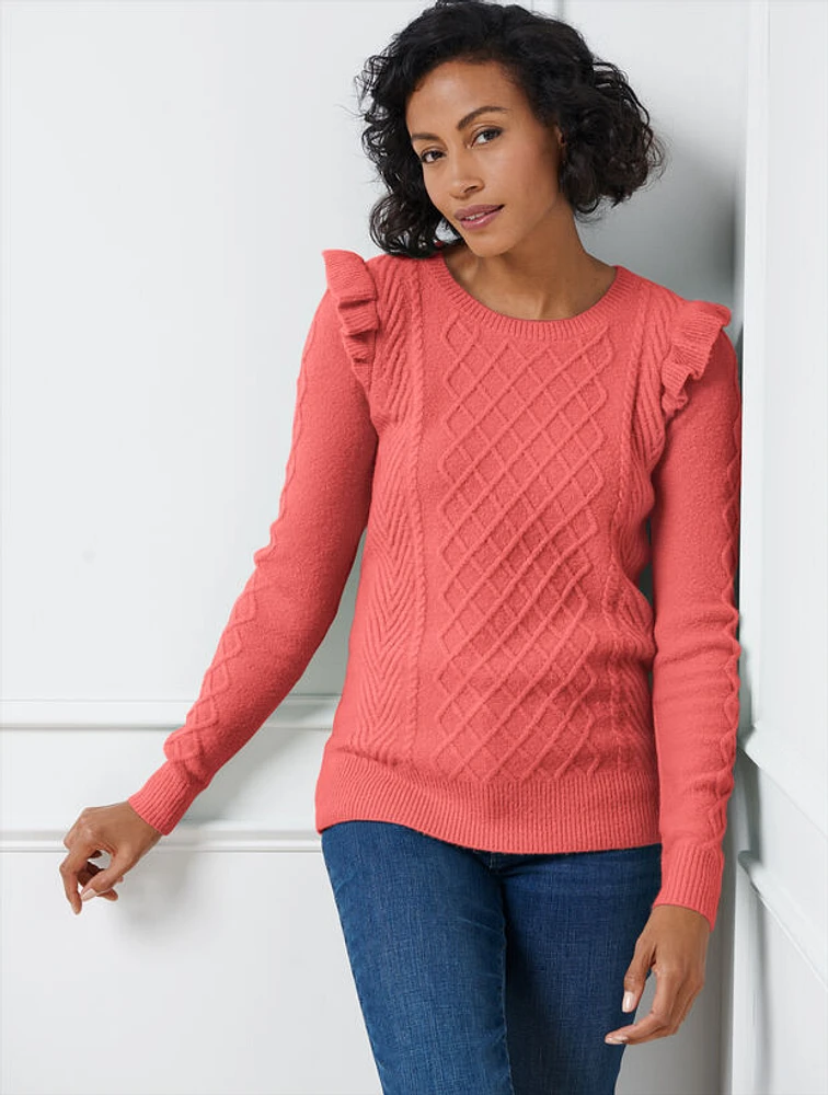 Cable Knit Ruffle Crewneck Sweater