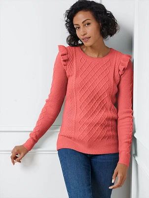 Cable Knit Ruffle Crewneck Sweater