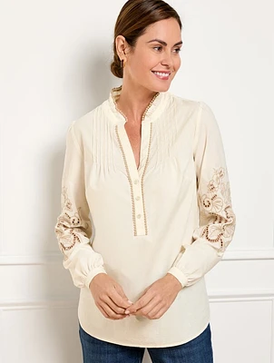 Embroidered Sleeve Poplin Top