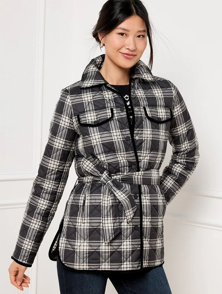 Tie Waist Quilted Shirt Jacket - Traditional Plaid