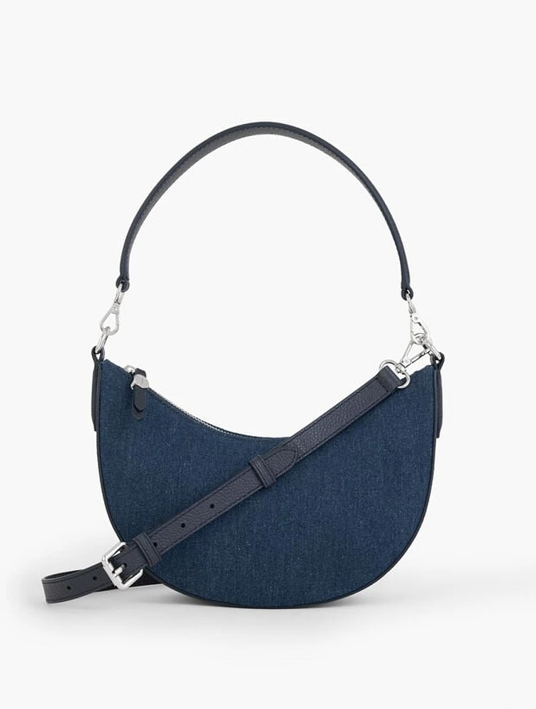 Leather Trim Denim Crescent Shoulder Bag