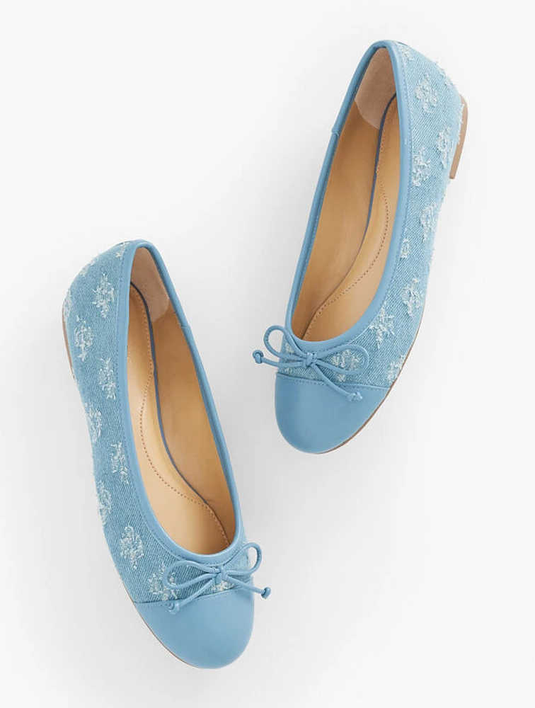 Blair Cap Toe Ballet Flats - Floral Embroidered Distressed Denim