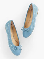 Blair Cap Toe Ballet Flats - Floral Embroidered Distressed Denim