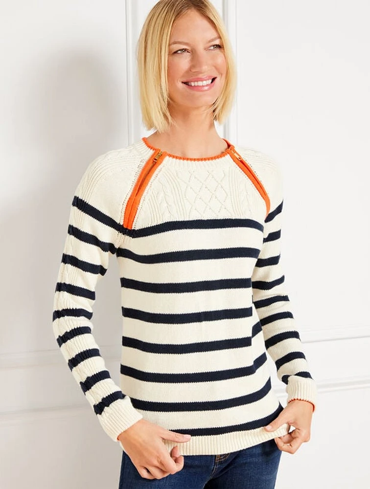 Cable Knit Zip Detail Sweater - Fisherman Stripe