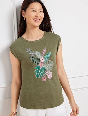 Embroidered Palms Twist Neck Tee