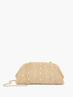 Pearl Embellished Straw Clutch