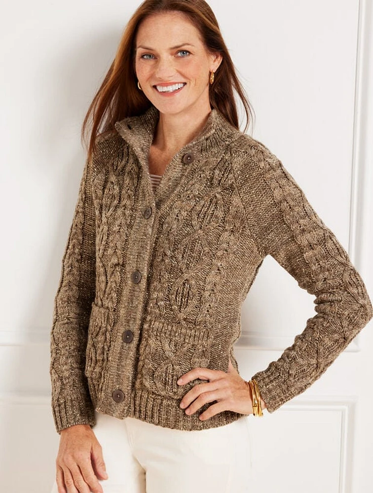 Metallic Tweed Mockneck Cardigan