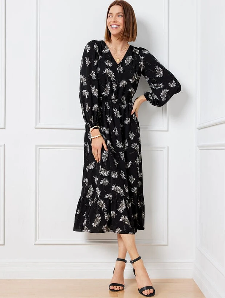 Stretch Crepe Midi Dress - Chrysanthemum Blooms