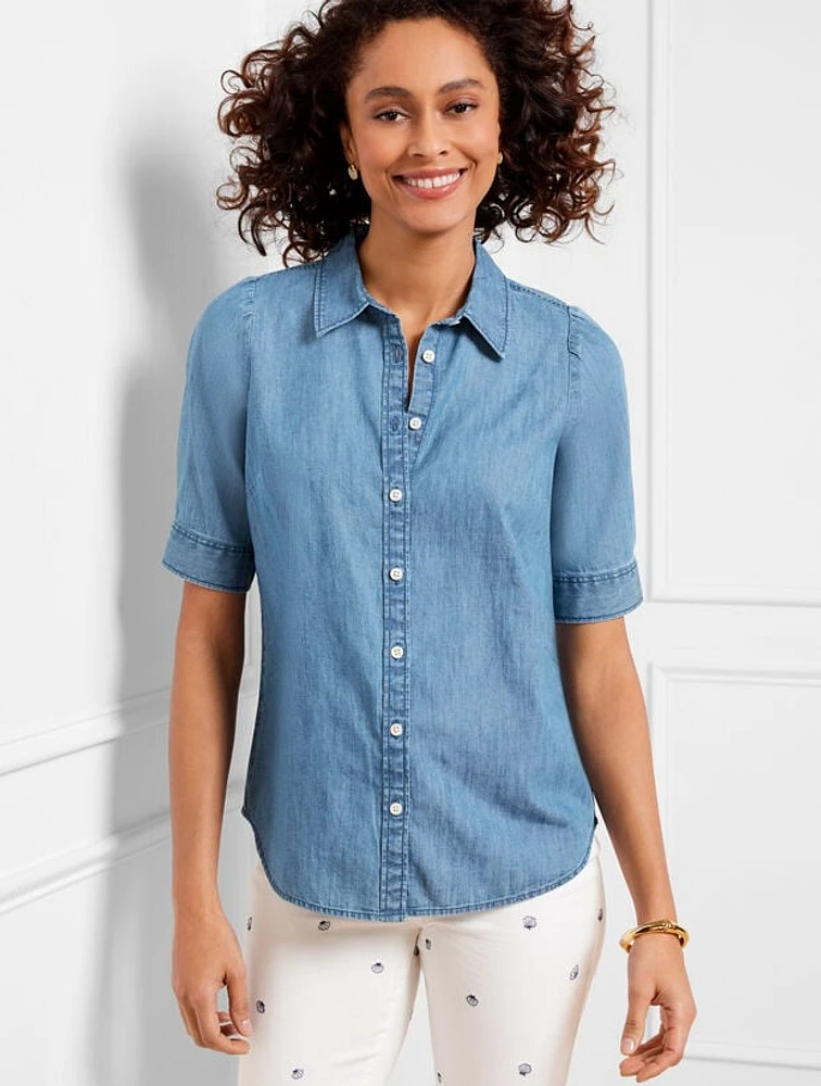 Elbow Sleeve Denim Button Front Shirt - Surf Blue Wash