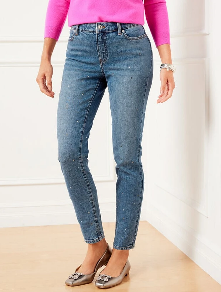 Crystal Embellished Slim Ankle Jeans - Harlow Wash Curvy Fit