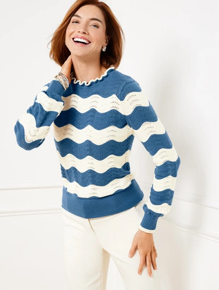 Pointelle Ruffle Mockneck Sweater - Stripe