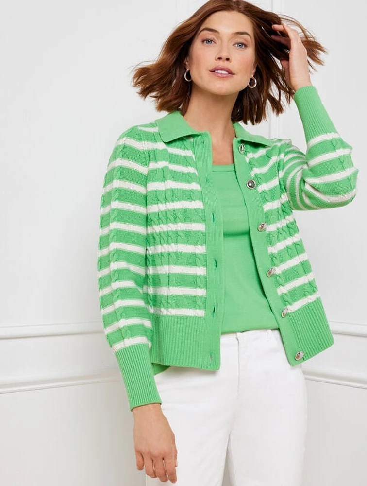 Cable Knit Collared Cardigan - Stripe