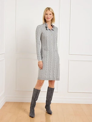 Ruffle Neck Cable Knit Sweater Dress