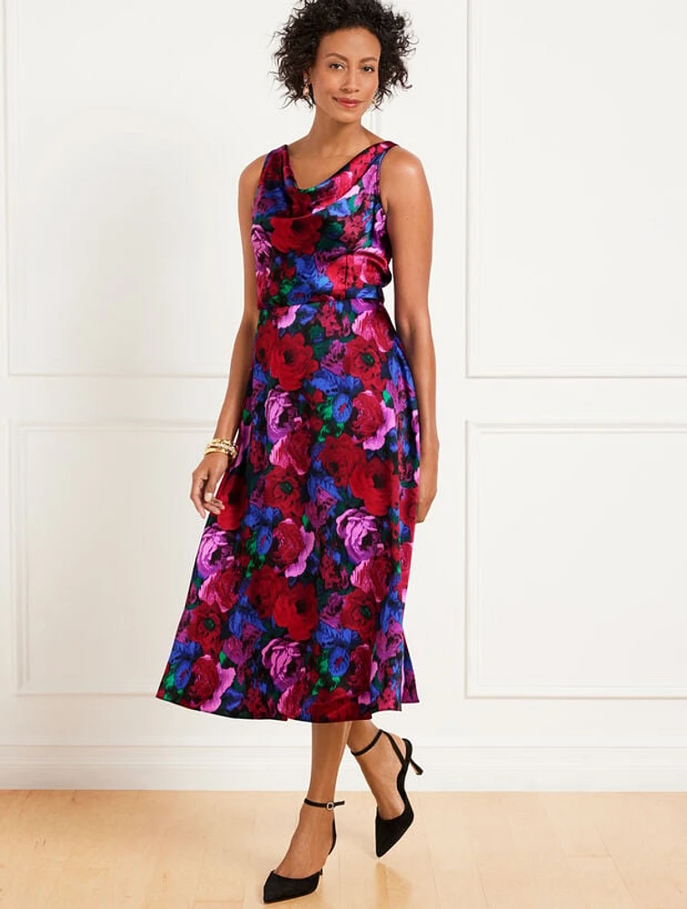 Satin Cowl-Neck Dress - Wrapped Floral