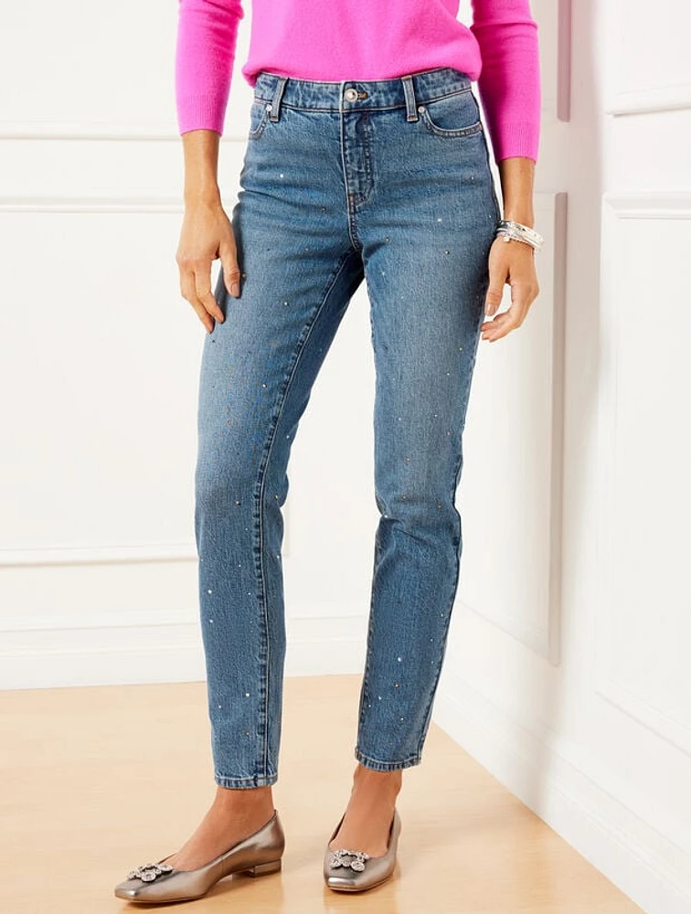 Crystal Embellished Slim Ankle Jeans - Harlow Wash