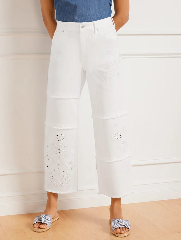 Pieced Embroidered Crop Wide Leg Jeans