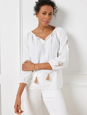 Palm Embellished Linen Cotton Popover