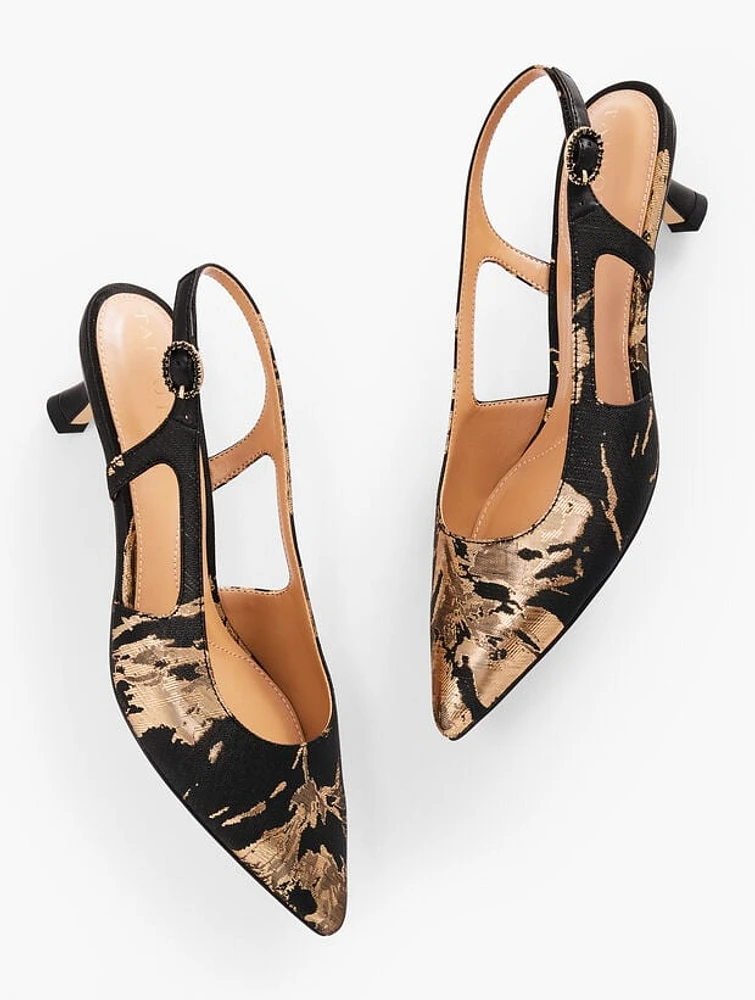 Sylvie Slingback Flare Heels - Metallic Floral Jacquard