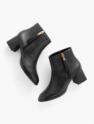 Maud Leather Tassel Block Heel Booties