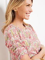 Ruched Cuff Crewneck Tee - Branching Florals