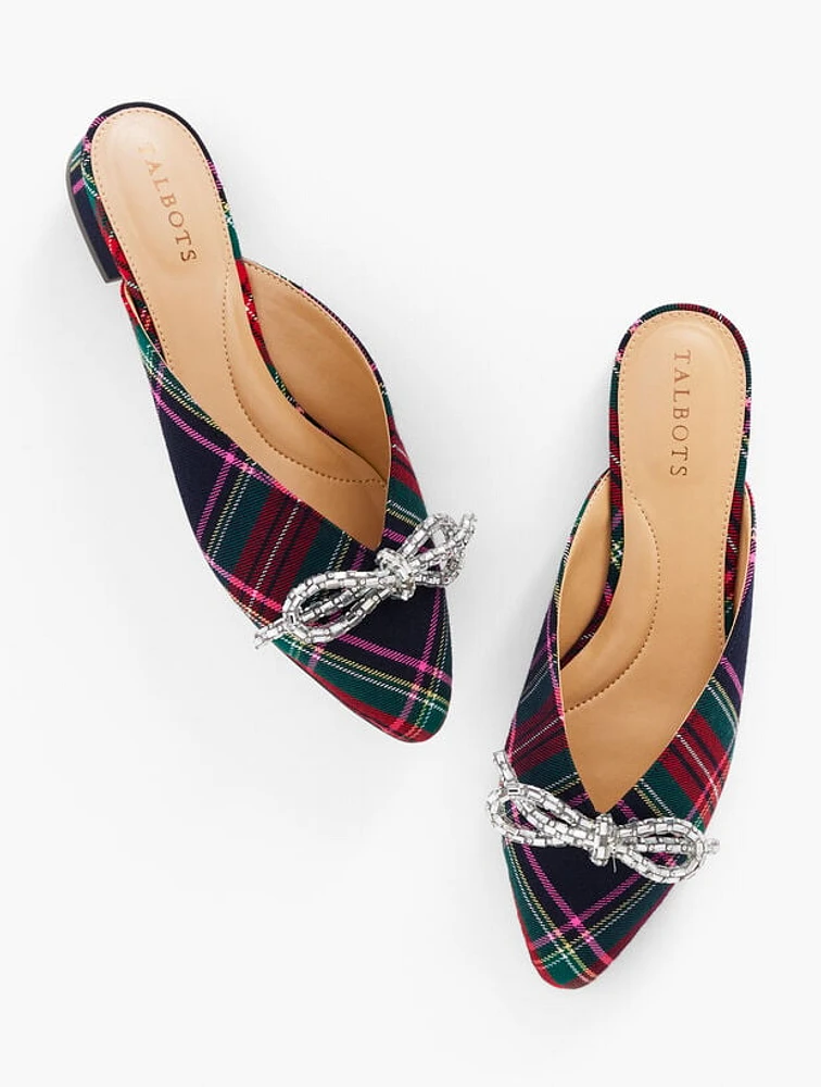 Edison Rhinestone Bow Mules - Dashing Plaid