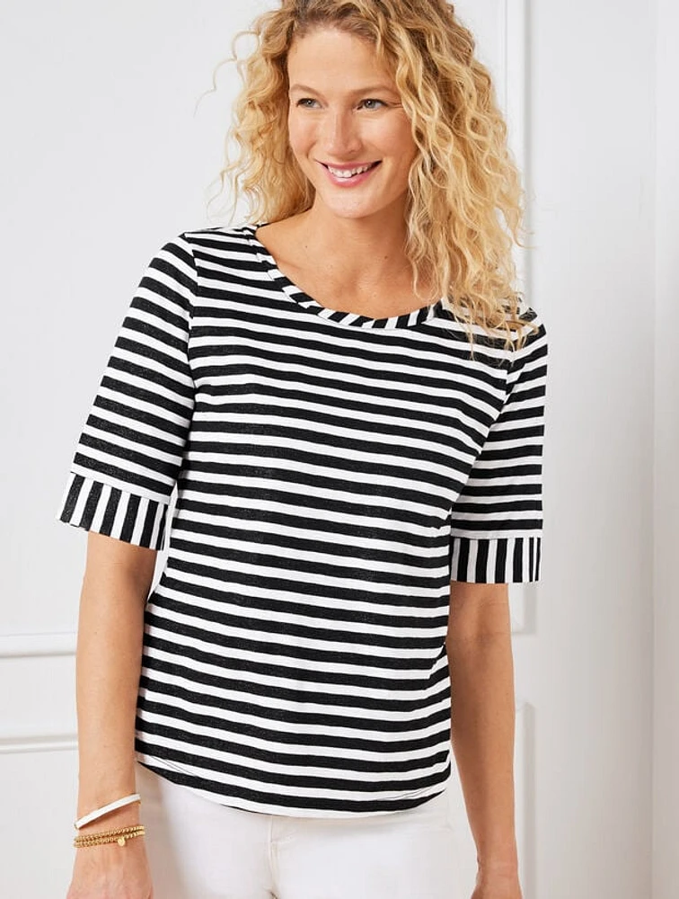 Shimmer Roll Cuff Crewneck Tee - Seychelles Stripe