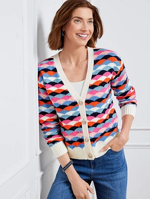 V-Neck Cardigan - Scallop Stripe