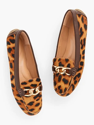 Everson Chain Driving Moccasins - Leopard Calf Hair