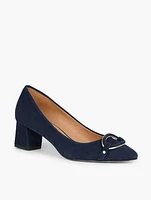 Kayla Buckle Block Heel Suede Pumps