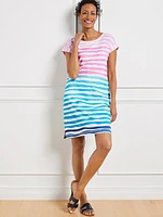 Modal French Terry Tie Back Dress - Ombré Watercolor Stripe