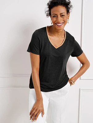 Metallic Bead Trim V-Neck Top