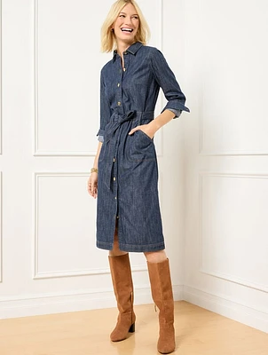 Denim Tie Waist Midi Shirtdress - Midnight Wash