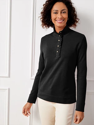 Ruffle Placket Mockneck Pullover