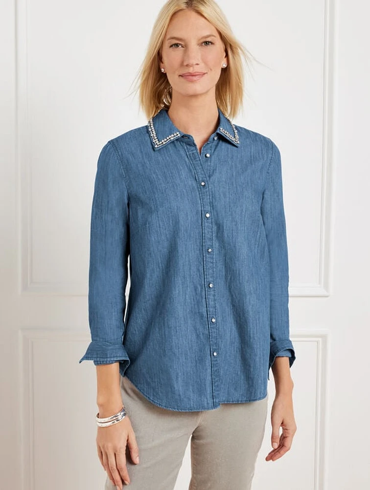 Embellished Collar Denim Button Front Shirt