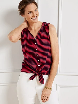 Tie Hem Button Front Tank - Coastal Stripe