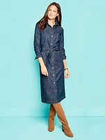 Denim Tie Waist Midi Shirtdress - Midnight Wash