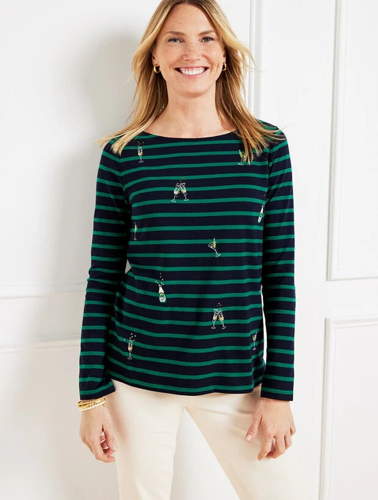 Embroidered Bateau Neck Tee - Cocktail