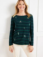 Embroidered Bateau Neck Tee - Cocktail