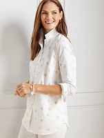 Cotton Button Front Shirt - Foil Snowflakes