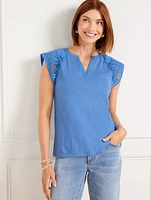 Embroidered Sleeve Split Neck Tee