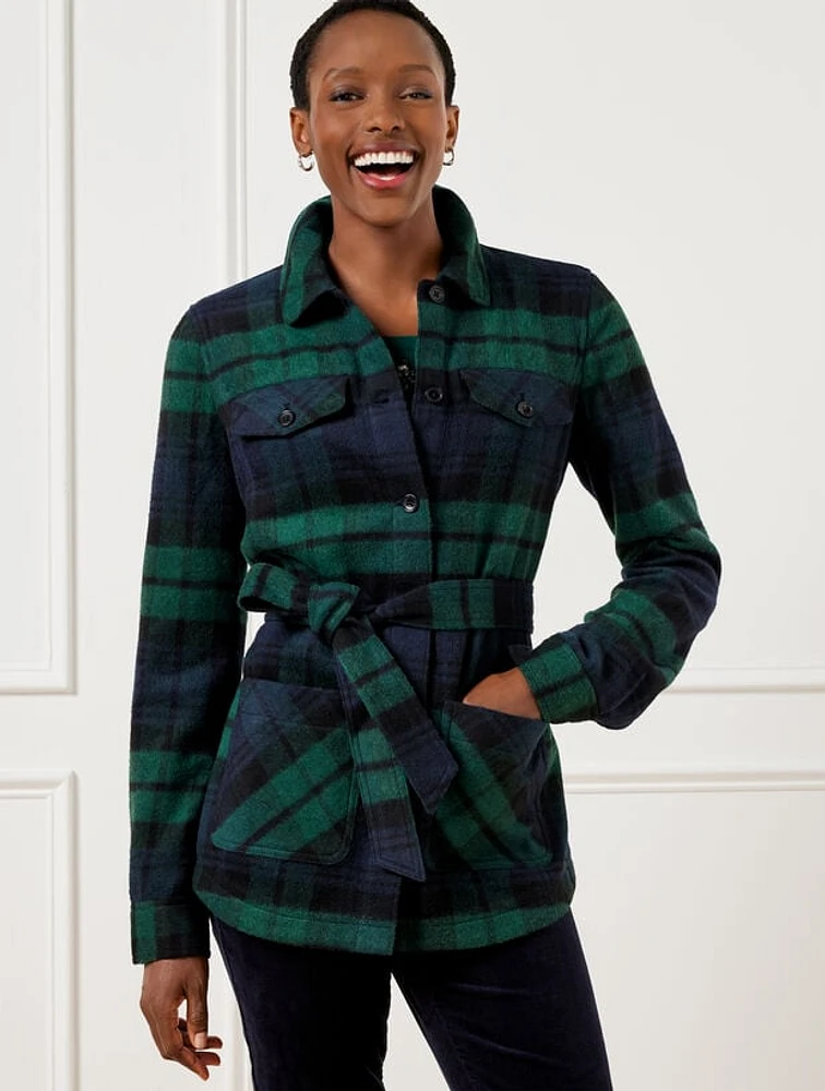 Tie Waist Shirt Jacket - Snowfall Plaid